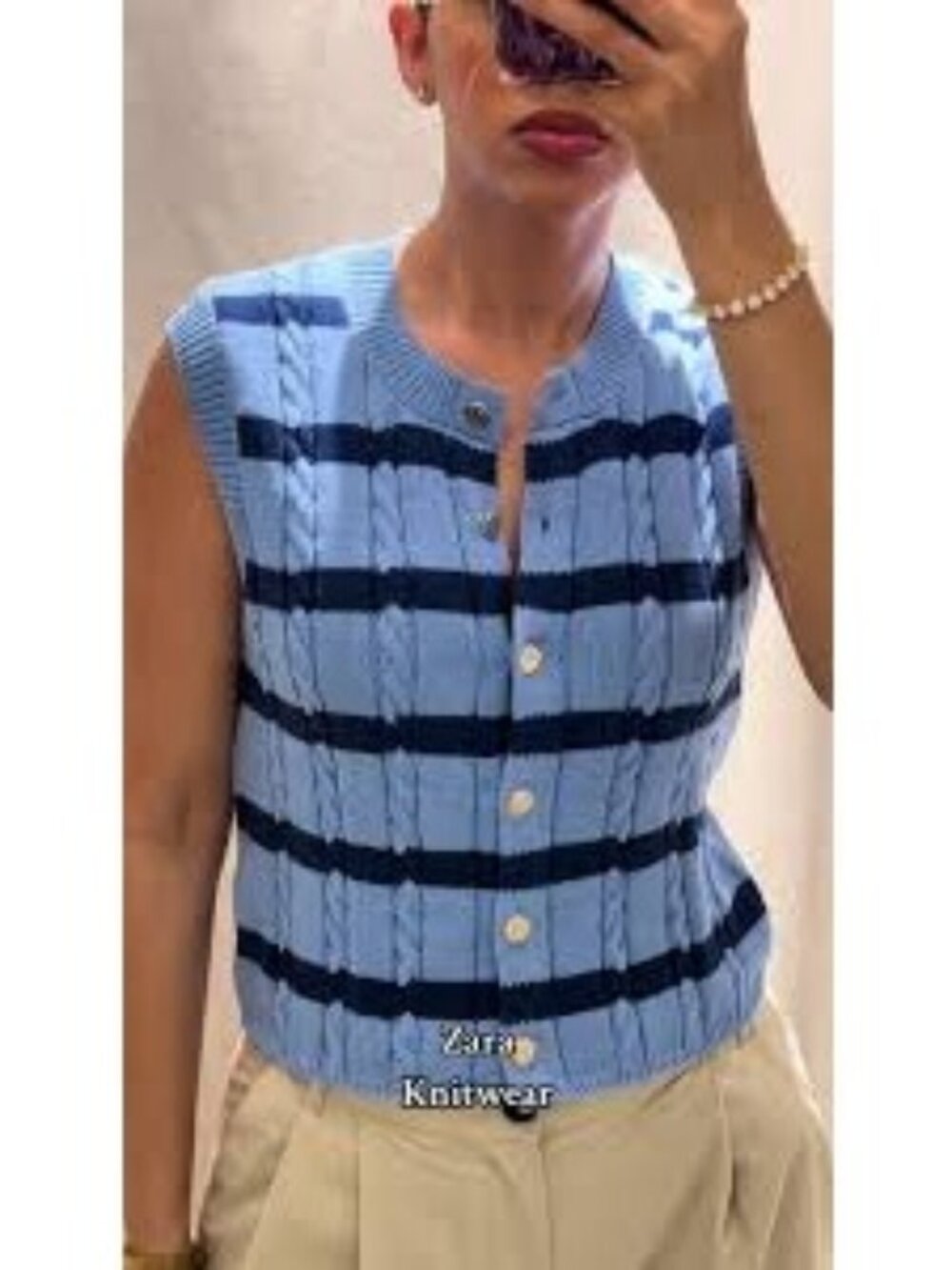 Zara Women's Blue Stripe Cable Knit Sleeveless Button Up Tank Sweater Vest Top